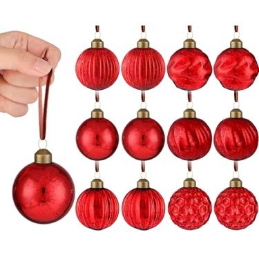 Imagem de 12 peças de enfeites de bola de Natal vintage de vidro mercúrio 6 cm decorações de bola em relevo antigas decorações de árvore de Natal para presentes de Natal e férias de inverno (vermelho)