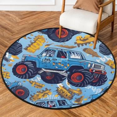 Imagem de Tapete redondo de 1,5 m com palavras de caminhão monstro, tapete circular antiderrapante, lavável, tapete de porta circular para quarto, berçário, sala de estar, cozinha, banheiro, entrada, decoração