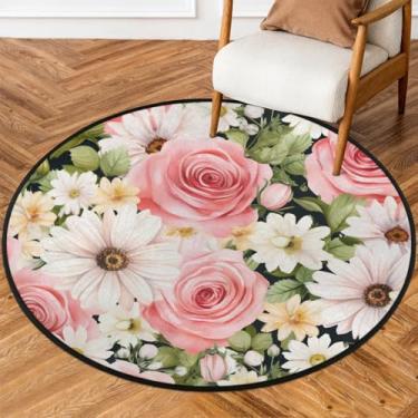 Imagem de Tapete redondo de 1,8 m flor rosa branco retrô macio tapete circular antiderrapante lavável tapete de porta para interior quarto berçário sala de estar cozinha banheiro entrada casa tapete decoração