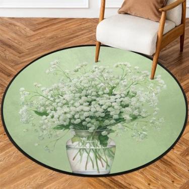 Imagem de Tapete redondo de 1,5 m com flor verde, fresco, macio, tapete de porta circular antiderrapante, lavável, para quarto, berçário, sala de estar, cozinha, banheiro, entrada, decoração de casa