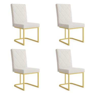 Imagem de Kit 04 Cadeiras De Jantar Estofada Siena Linho Base De Ferro Dourada - Pallazio Cor Bege