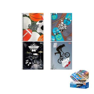 Imagem de Kit Caderno Universitário Vibe Masc 1M 80F Tilibra Caneta Trigel Metálica e Grampeador Cis