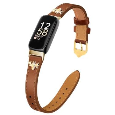 Imagem de Pulseiras de couro finas compatíveis com Fitbit Inspire 3, pingentes, design feminino para Fitbit Inspire 3 (marrom/dourado)