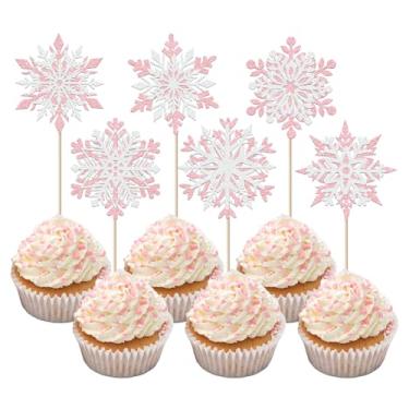 Imagem de 24 Pack Snowflake Cupcake Toppers Winter Snowflakes Cupcake Picks Snowflake Decoration for Winter Frozen Theme Baby Shower Kids Birthday Christmas Party Cake Decorations Supplies Pink