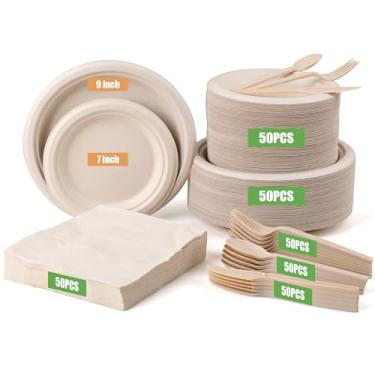 Imagem de BSDPREF Pacote com 250 pratos de papel, suprimentos de festa, para 50 convidados, pratos descartáveis de festa, garfos de cana, facas, colheres, prato de papel resistente, bagaço, natural, compostável