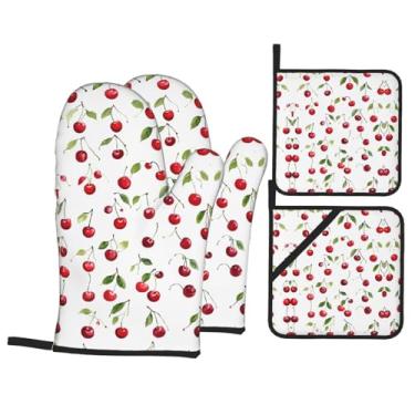 Imagem de Sweet Red Cherry - Conjunto de luvas de cozinha com suportes de tampa, luvas de forno resistentes ao calor para lidar com panelas quentes, grelhar, churrascos, kit de 4 peças.