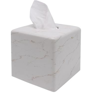 Imagem de Huitony Capa de caixa de lenços de mármore quadrada decorativa de pedra Klenex suporte para banheiro e sala de estar com textura artesanal (mármore-B)