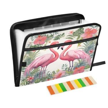 Imagem de Wassud Flamingos e flores, organizador de arquivos sanfonados, 13 bolsos, pastas expansíveis com abas e adesivos, papel tamanho carta A4, recibo, documento, pasta organizadora para viagens de