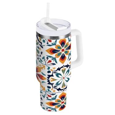 Imagem de Qilmy Copo de cerâmica retrô estilo mexicano de 1,134 g com tampa e palha, copo isolado de aço inoxidável durável à prova de vazamento com alça, garrafas de água à prova de derramamento para