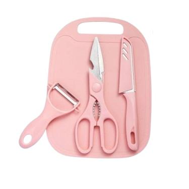 Imagem de Conjunto 4 Peças de Utensílios de Cozinha, Faca, Tesoura, Descascador, Tábua de Corte, Aço Inoxidável, Sortido