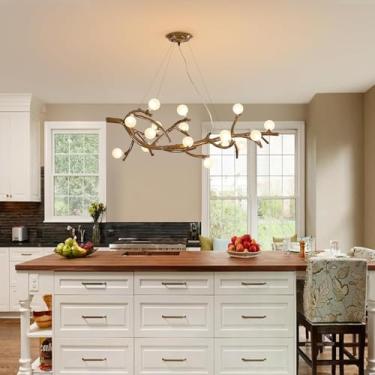 Imagem de Lustre moderno de meados do século XX para sala de jantar, com pingente de galho de árvore em resina, luminária de teto LED estilo fazenda, lustre de vidro em formato de galho de árvore para