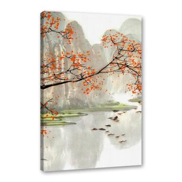 Imagem de Arte de cenário japonês, impressão floral, pintura a tinta, barco, pássaro, pôsteres em tela, decoração asiática, arte de parede japonesa para decoração de sala de estar e quarto (SKU2,12 x 16 pol. =