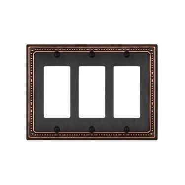 Imagem de ZILLSEA 1 pacote com placas de cobertura tripla de bronze envelhecido, placas decorativas de parede pérola para tomadas elétricas, GFCI, interruptor de regulação, metal durável, 3 grupos, 17 x 12 cm