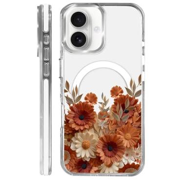 Imagem de MQJCYB Capa magnética para iPhone 16 Plus com design em base transparente, compatível com MagSafe, capa protetora fina de TPU macio para telefone para mulheres e meninas - flores fofas florais