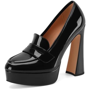 Imagem de Z.Oufeier Mocassins femininos plataforma salto alto bico fechado salto grosso sem cadarço sapato social penny loafer, Preto, 37