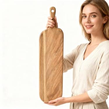 Imagem de Bloco de corte de madeira de acácia de 58 cm - Tábua de corte de madeira premium para carnes, queijos, pães, vegetais e frutas - Tábua de prato ideal para charcutaria e queijo com cabo resistente