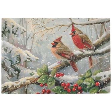 Imagem de Jogo americano de pássaros de inverno conjunto de 6 tapetes de mesa de Natal cardeal neve poinsétia baga de natal tapete de mesa de serapilheira tapete de cozinha decoração de sala de jantar 30,5 x