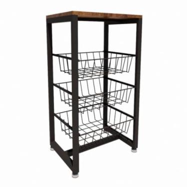 Imagem de Fruteira De Chão Cozinha Preto Fosco Em Aço Mdf Amadeirado