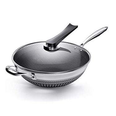 Imagem de Conjuntos de panelas frigideira antiaderente frigideira de aço inoxidável wok favo de mel com tampa de vidro, frigideira de cozinha (tamanho : 32 cm) ()