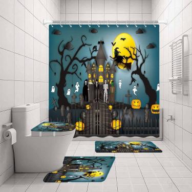 Imagem de Conjunto de cortinas de chuveiro de Halloween com tapete, tampa de vaso sanitário e cortina de chuveiro