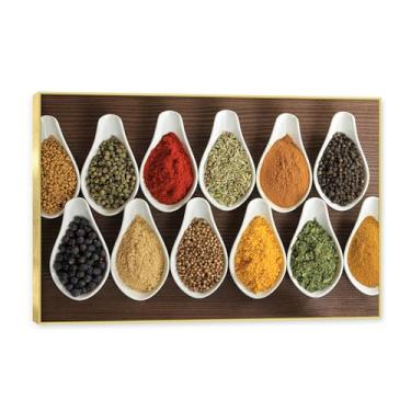 Imagem de NHLDZYH Moldura dourada. Arte de parede em tela de especiarias coloridas e colher de tempero | Decoração de cozinha vintage | Arte moderna para casa e sala de jantar. C109. 40 x 60 cm - 15,8 x 23,7