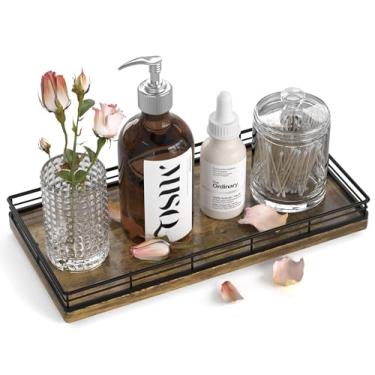 Imagem de Bandeja de banheiro para balcão – 30,5 cm x 15,2 cm Bandeja decorativa de madeira de oka para cozinha│cômoda │cafeteria│Tanque de vaso sanitário, rústico