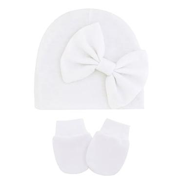 Imagem de 1 conjunto de chapéus de hospital para bebês recém-nascidos com laço macio, gorro fofo para berçário, luvas sem arranhões para meninos e meninas, branco