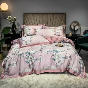 Imagem de Jogo de cama macio e sedoso com estampa floral refrescante de verão, capa de edredom e lençol, estilo 4, tamanho Queen (200x230cm), 4 peças