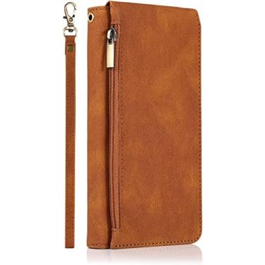 Imagem de GANYUU Capa carteira com zíper para iPhone 14/14 Plus/14 Pro/14 Pro Max, capa de telefone de couro PU premium com alça de pulso slots de cartão suporte capa de notebook flip magnético (cor: marrom, tamanho: 14)