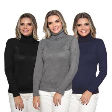 Imagem de Kit 3 Blusas Feminina Tricô Manga Longa Gola Alta Lã Inverno Casual - 