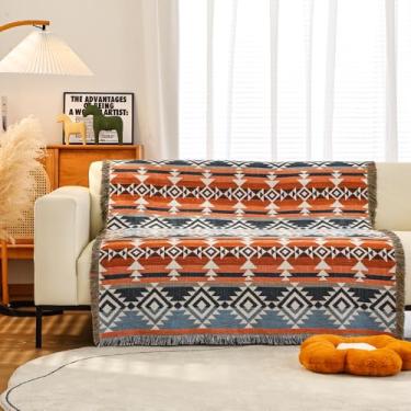 Imagem de CLOTHKNOW Cobertores Boho para cama asteca, reversível, azul, marrom, sudoeste, cobertores para sofá, casa, exterior, praia, barraca, viagem, acampamento, 138 cm x 163 cm
