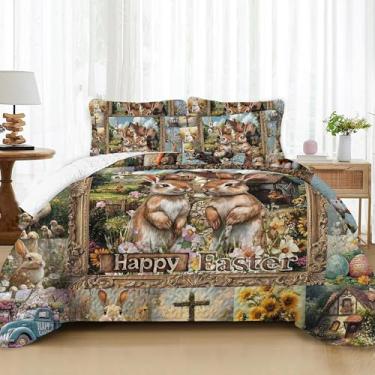 Imagem de REPRECONF Conjunto de colcha ultramacia Happy Ester Coelho, tamanho Queen, leve, respirável, edredom acolchoado para todas as estações, reversível, 3 peças (1 colcha, 2 fronhas)