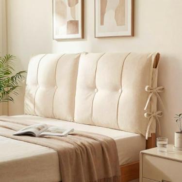 Imagem de Tegeme Capa de cabeceira com tiras de amarrar, capa completa, almofada de cabeceira para cama king queen size, cama de madeira com moldura de metal (branco creme, 150 x 60 x 10 cm)