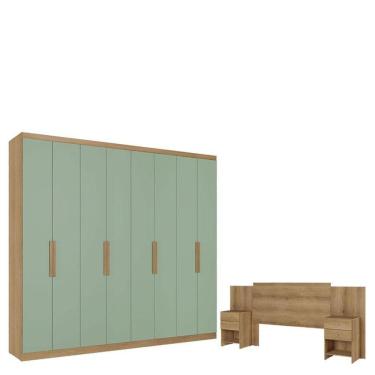 Imagem de Guarda Roupa Casal Milan 8 Portas Capuccino Menta Acetinado E Cabeceira Com Mesas De Cabeceira Formosa Capuccino - Thb