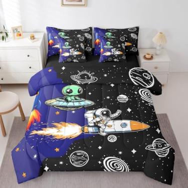Imagem de Conjunto de cama Galaxy Astronaut em uma bolsa, 7 peças, desenho animado de nave espacial alienígena, foguete do espaço sideral, universo estrelado, nebulosa, planetas, edredom com glitter, lençol de