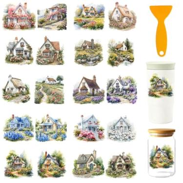 Imagem de GOMAKERER 20 peças de envoltórios de copos DTF UV para jardim de flores, 10 x 23 cm, adesivos de transferência DTF UV de flores à prova d'água, decalques de transferência para garrafas de vidro de 473