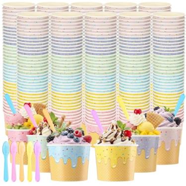 Imagem de Jingmore 240 peças de copos de sorvete de papel a granel com colheres tigelas descartáveis de sorvete de papel para sobremesa, lanche, sopa de iogurte, suprimentos de festa de verão (170 g)