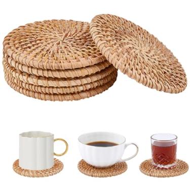 Imagem de CRASPIRE 6 peças de porta-copos de tecido de vime redondos de vime naturais planos redondos 10 cm pequeno Bohemia Burlywood reutilizáveis resistentes ao calor tapetes protetores de copo para café