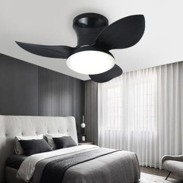 Imagem de Ventilador de teto silencioso com LED e controle remoto, com iluminação e dimerizável, ideal para sala de jantar, sala de estar e quarto (preto, 65 cm).