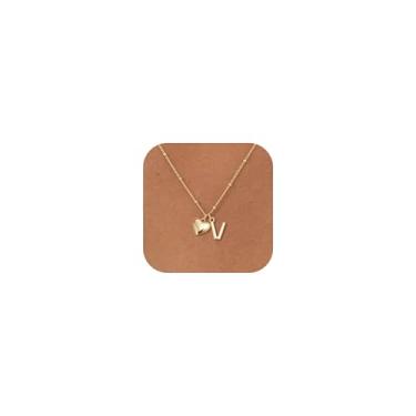 Imagem de GUOKE Colar feminino com inicial de coração de ouro - Colar com pingente de coração banhado a ouro 14 K, corrente delicada com contas, joia personalizada, presente diário, Latão, Sem Pedra Preciosa