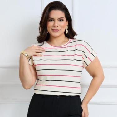 Imagem de Blusa Feminina Manga Curta Japonesa Dobrada Listrada Casual Confort - 