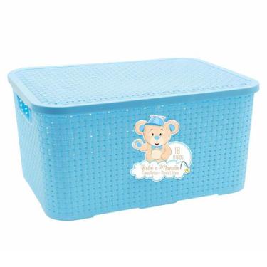Imagem de Caixa Infantil Azul Decorativo Linha Bebê Mamãe 18 Litros Com Tampa E 