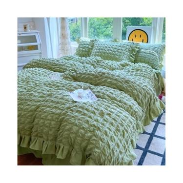 Imagem de Jogo de cama 3/4 peças Boho Chic Ruffled Seersucker capa de edredom macio e leve fronhas de cama (verde, 180 x 220 cm, 4 peças)