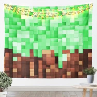 Imagem de jejeloiu Tapeçaria média de 150 x 150 cm em pixel para crianças, meninos, meninas, jogos, arte de parede, verde e marrom, cobertor para pendurar na parede, decoração de quarto, microfibra