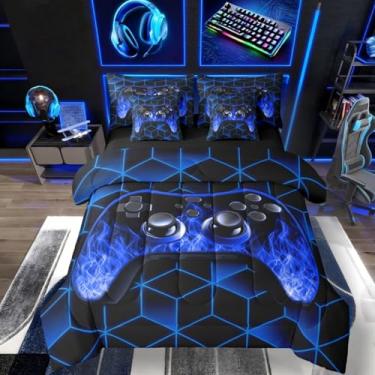 Imagem de Jogo de cama de casal com console de jogos, 7 peças, geométrico neon, jogo de cama com chama azul, decoração de jogos para meninos, presentes de jogos