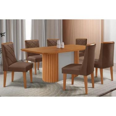 Imagem de Conjunto Sala de Jantar Pilar c/ Tampo Madeirado Canto Curvo 180x90cm e 6 Cadeiras Pietá Madeira Maciça Naturale/Off White - Capuccino/Suede Marrom-Ru
