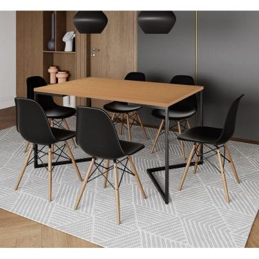 Imagem de Mesa Jantar Industrial Retangular Canela 137X90Cm Base V Ferro Preto C/6 Cadeiras Preta Made Canela