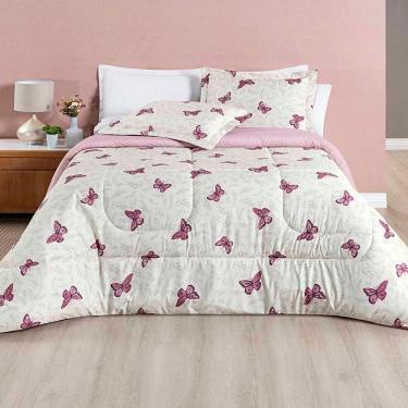 Imagem de Edredom Júlia Casal Queen 03 Peças Tecido Dupla Face Microfibra 200 Fios Floral Borboleta 100% Poliéster