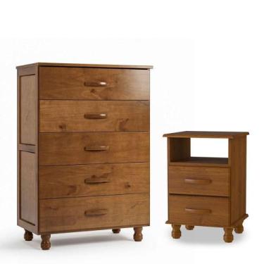Imagem de Kit Cômoda 5 Gavetas E Mesa De Cabeceira 100% Madeira Maciça Imbuia Fo
