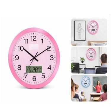 Imagem de Relogio Rosa Analogico Parede Calendario Termometro Digital Despertador Escritorio Sala Luxo